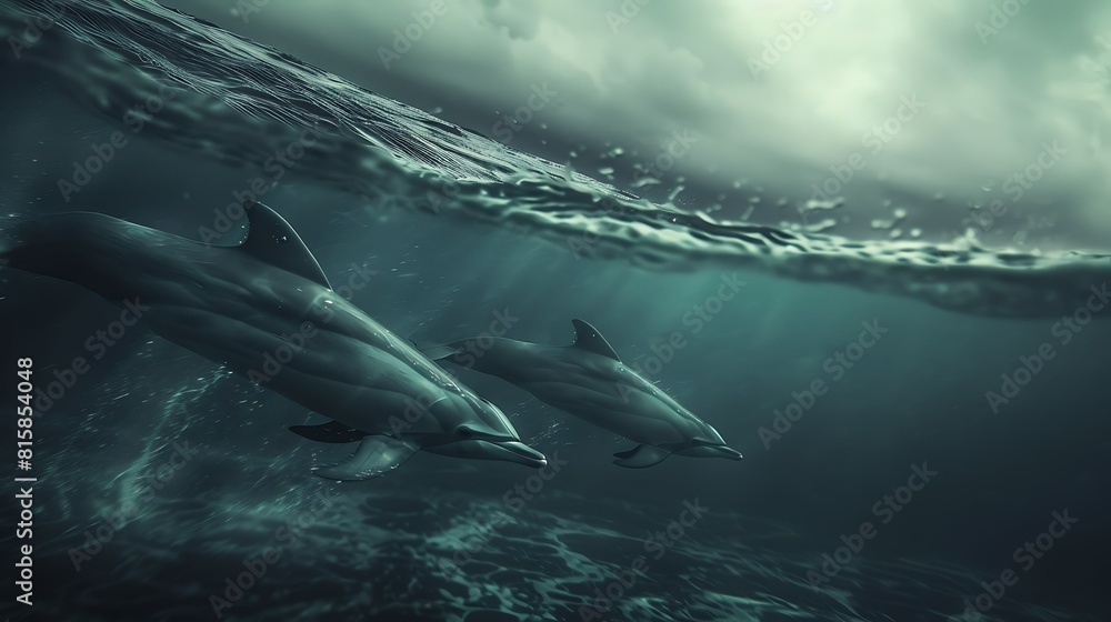 Fototapeta premium Dolphin in the water illustration, Beautiful, summer vibe, beach, ocean, sea, fish, background