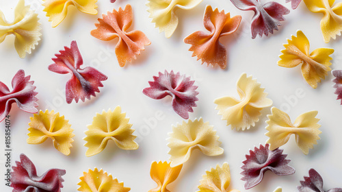 Colorful uncooked farfalle pasta on white background -