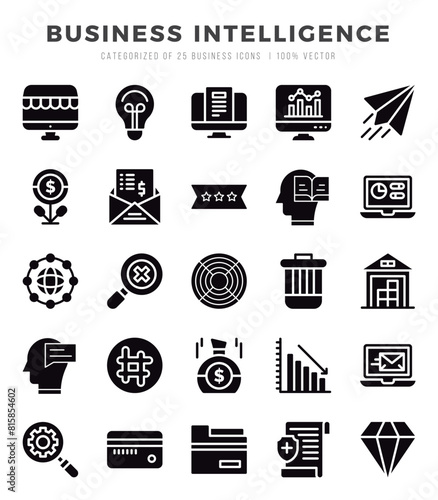 Business Intelligence elements. Glyph web icon set. Simple vector illustration.