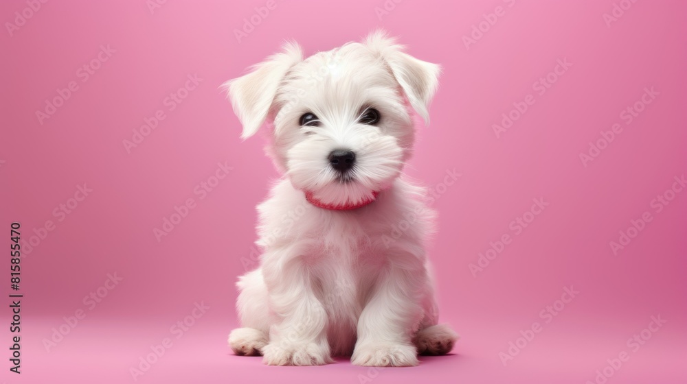 West Highland White Terrier puppy sitting on pink background and looking at the camera with big brown eyes. West Highland White Terrier puppy sitting on pink background and looking at the camera with big brown eyes.