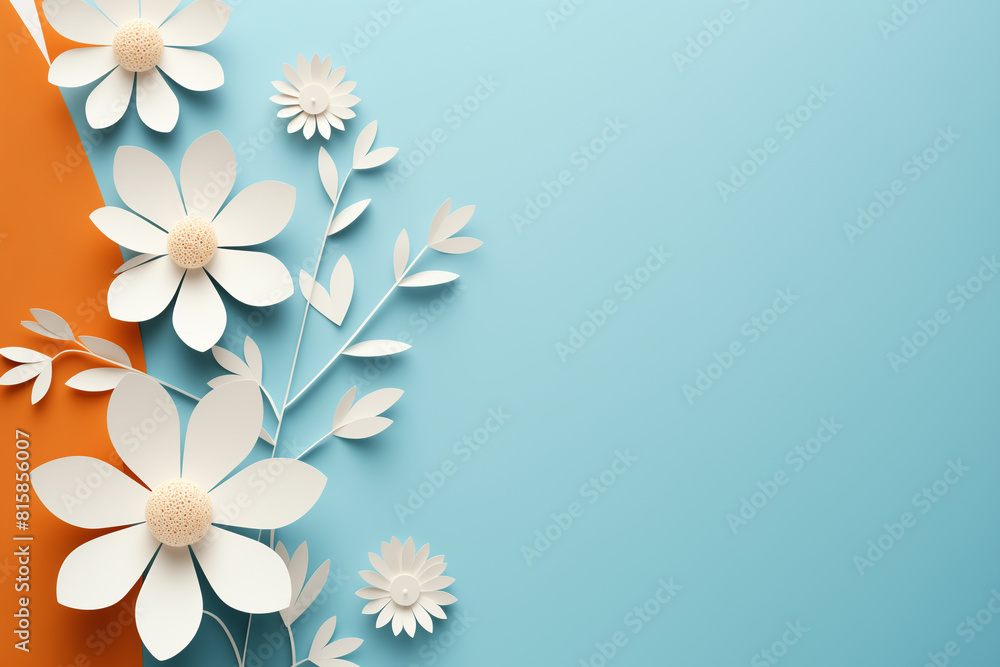Paper cut flowers and leaves, Fresh spring nature background. Floral banner, poster, flyer template with copy space. Paper cut flowers and leaves, Fresh spring nature background. Floral banner, poster, flyer template with copy space.