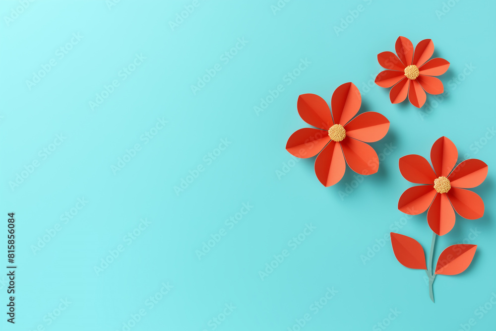 Naklejka premium Paper cut flowers and leaves, Fresh spring nature background. Floral banner, poster, flyer template with copy space.