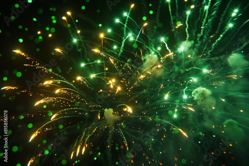 Fireworks show with exploding colorful lights, isolated on a black background sky. Green and glowing fireworks illuminating a St. Patrick's Day celebration event. Digital composite image including rea photo