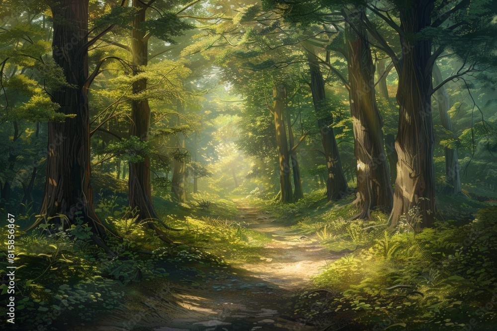 Obraz premium An enchanted forest path winding through towering trees, with sunlight filtering through the lush canopy and casting enchanting shadows on the forest floor