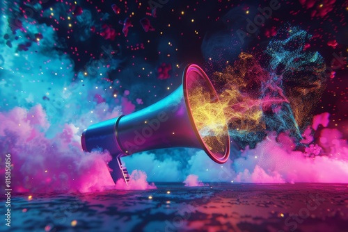 Megaphone exploding with particles on neon background