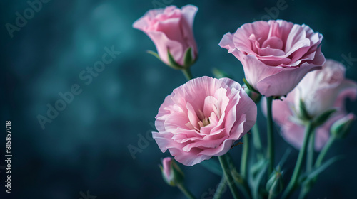 Composition with beautiful eustoma flowers on dark color background