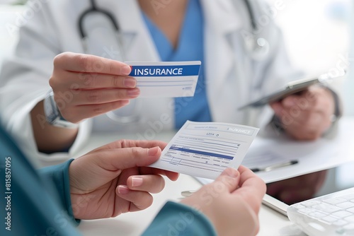 Patient giving health insurance card to hospital cashier to fill insurance claim form in clinic. Health care assurance concept
