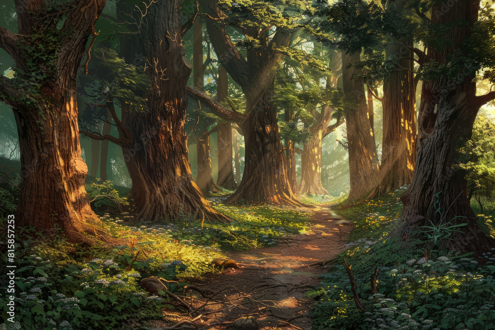 Fototapeta premium An enchanted forest path winding through towering trees, with sunlight filtering through the lush canopy and casting enchanting shadows on the forest floor