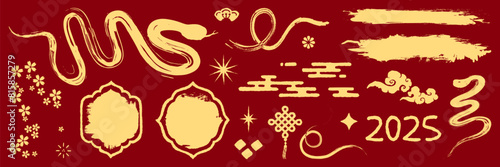 Chinese new year clipart. Hand drawn texture elements, frame, ink brush snake. Traditional decorative jewelry collection for card, print, flyers, posters, merch, covers. Vector illustration.