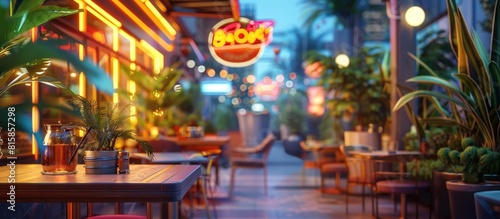 Vibrant Futuristic Outdoor Cafe with Captivating Bokeh Lighting and Natural Elements