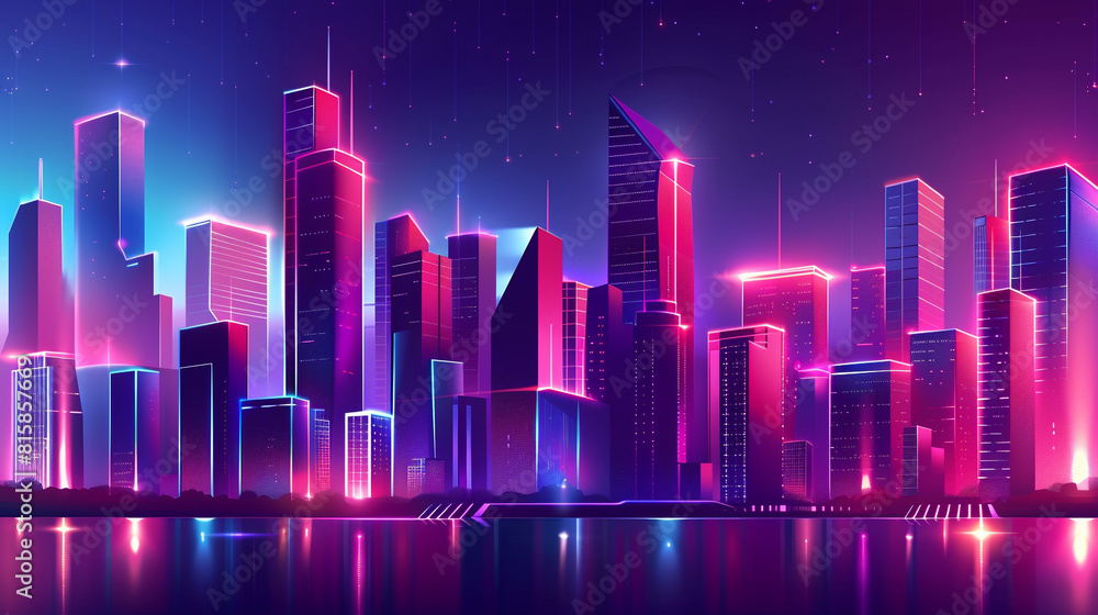 Futuristic cityscape with bold neon gradients of purple and pink.