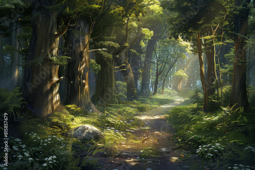 An enchanted forest path winding through towering trees  with sunlight filtering through the lush canopy and casting enchanting shadows on the forest floor