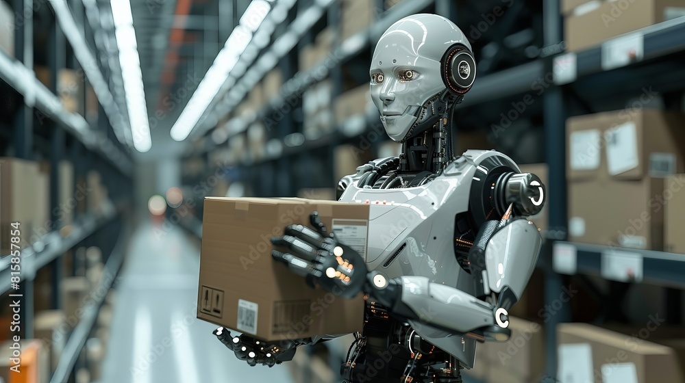 A robot is holding a box in a warehouse A robot is holding a box in a warehouse