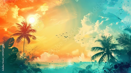 A tropical scene with palm trees and birds flying in the sky