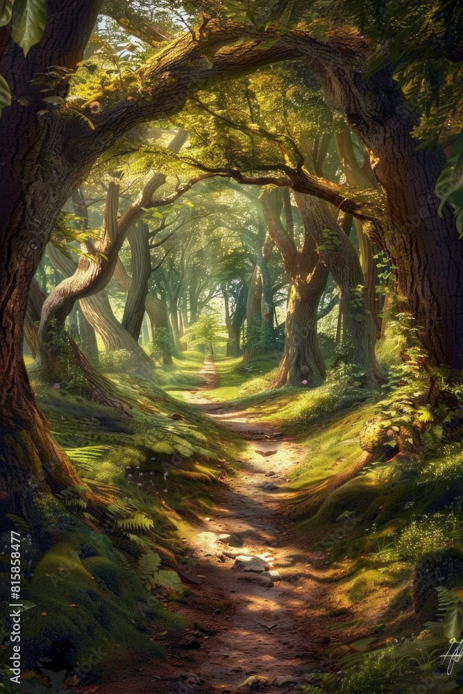 An enchanted forest path winding through towering trees, with sunlight filtering through the lush canopy and casting enchanting shadows on the forest floor