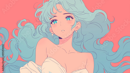 An illustration of an anime girl with sky blue hair  in a long white silk dress  on a slightly pink background