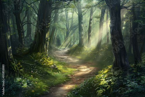 An enchanted forest path winding through towering trees  with sunlight filtering through the lush canopy and casting enchanting shadows on the forest floor