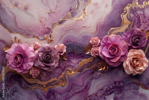 Violet Marble with Gold Veins and Pink Roses