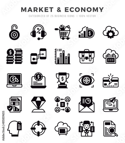 Market & Economy Icons Pack. Lineal Filled icons set. Lineal Filled icon collection set.