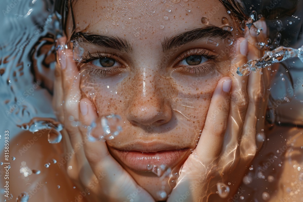 Portrait of woman with beautiful face and perfect skin just cleaned from impurities touching it gently with 3d water hands to show how soft, smooth and pure it is