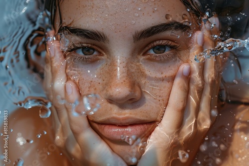 Portrait of woman with beautiful face and perfect skin just cleaned from impurities touching it gently with 3d water hands to show how soft  smooth and pure it is