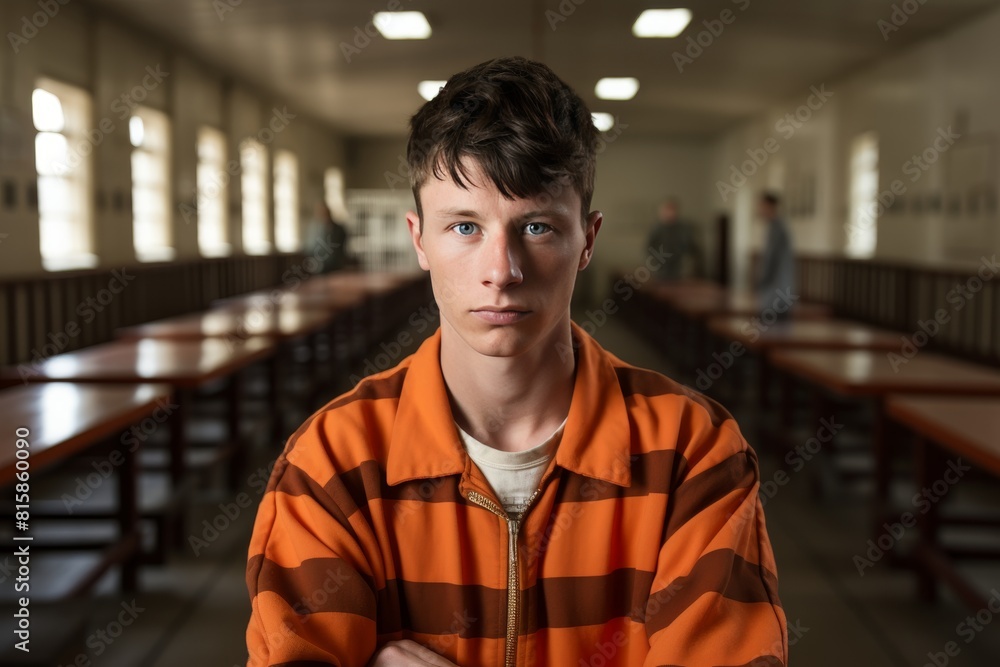 Portrait of a teenage prisoner staring intently into the camera behind the bars of a prison cell. Portrait of a teenage prisoner staring intently into the camera behind the bars of a prison cell.