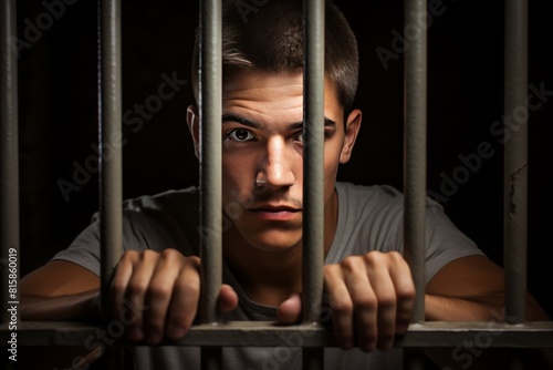 Portrait of a teenage prisoner staring intently into the camera behind the bars of a prison cell. photo