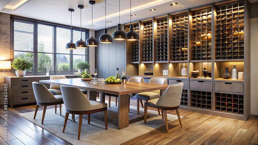 A built-in wine rack adds a touch of sophistication, while a minimalist dining area invites guests to gather and indulge in culinary delights.