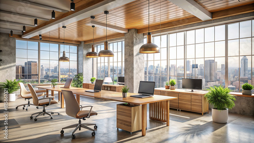 A bright coworking office interior with wooden accents and concrete walls  featuring a panoramic window overlooking the city skyline.