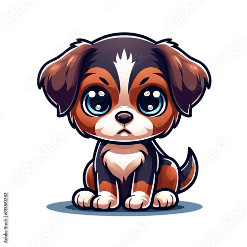 A cartoon-style illustration of a small puppy sitting down on a transparent background. The puppy has a richly colored coat in shades of brown  black