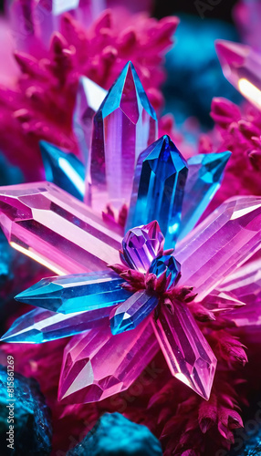 Cluster of transparent colorful unusually shaped crystals, close-up bright abstract blue and pink background