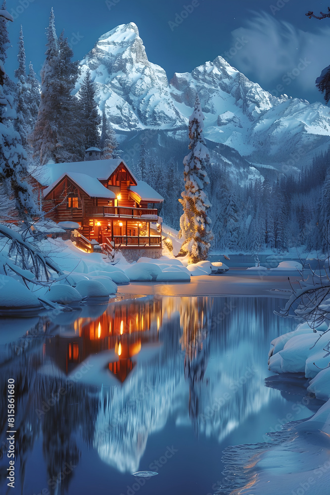 Fototapeta premium Winter Wonderland, Cabin Reflected in Icy Blue River, Generative AI