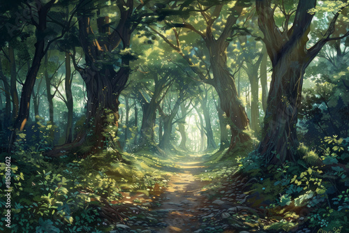 An enchanted forest path winding through towering trees, with sunlight filtering through the lush canopy and casting enchanting shadows on the forest floor © grey