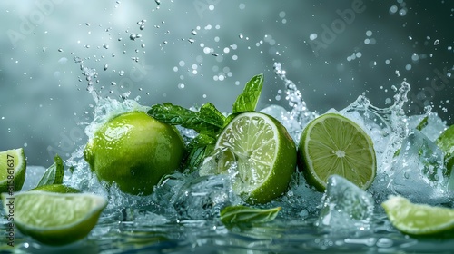 Lime fruit slice, leaves and green juice splash. Vector background with 3d water wave, citrus piece, ice cubes and mint foliage flying. Realistic mojito drink, tea, cocktail refreshing beverage swirl photo