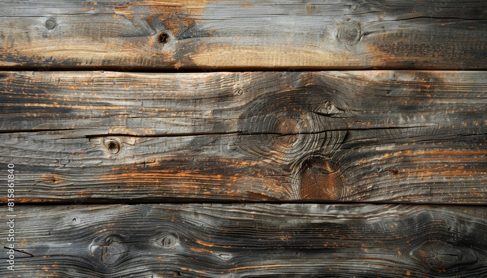 The image shows a rustic wooden fence with a weathered gray and brown ...
