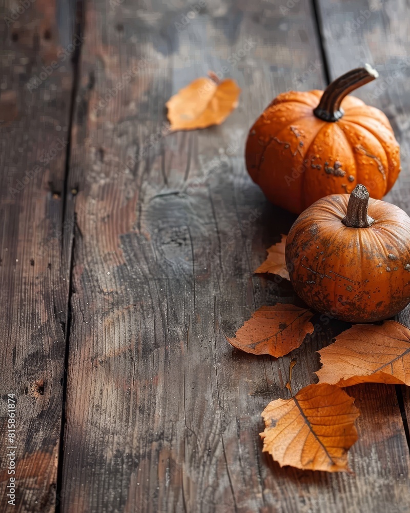 Two pumpkins and dry leaves on a wooden background. Two pumpkins and dry leaves on a wooden background.