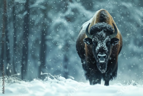 Wintry Bison animal snow forest. Park animal. Generate Ai photo