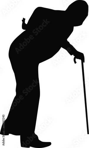 Elderly man standing with cane silhouette illustration. Old man pose silhouette in black color. Hand drawn senior man in vector.