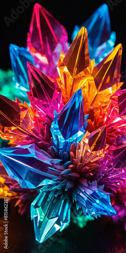Cluster of colorful fantasy unusually shaped crystals, close-up bright abstract multi-color background