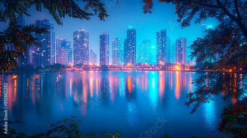 A tranquil riverside scene lit by city lights Shows the interconnectedness of the financial system. © apirom