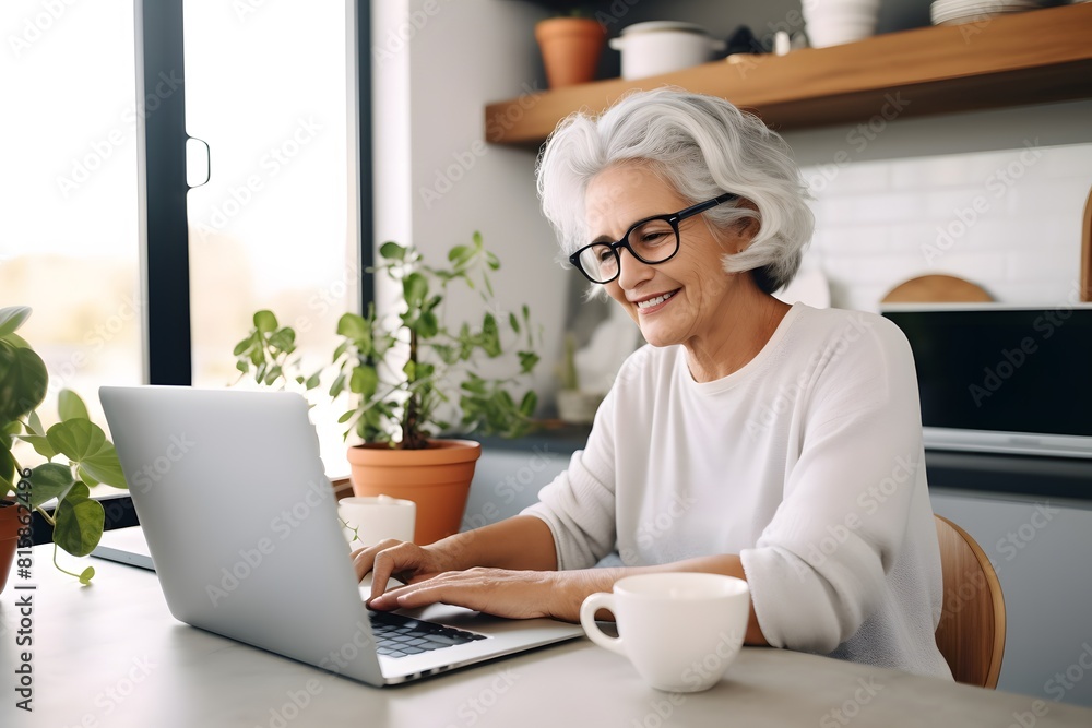 Elderly woman making video call on laptop in kitchen, waving at screen, chatting with children Elderly woman making video call on laptop in kitchen, waving at screen, chatting with children