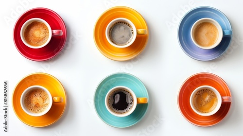 Document a set of espresso cups from above, close-up, vibrant, Composite, isolated on a white background to display the symmetry and color contrast