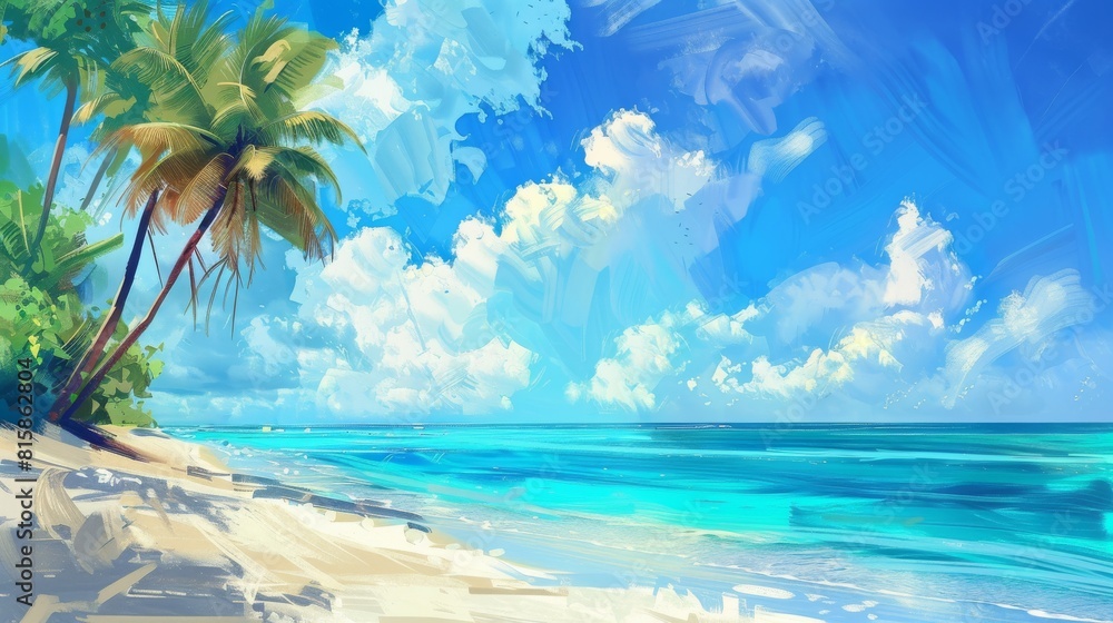 Painting of a Tropical Beach With Palm Trees and Blue Sky