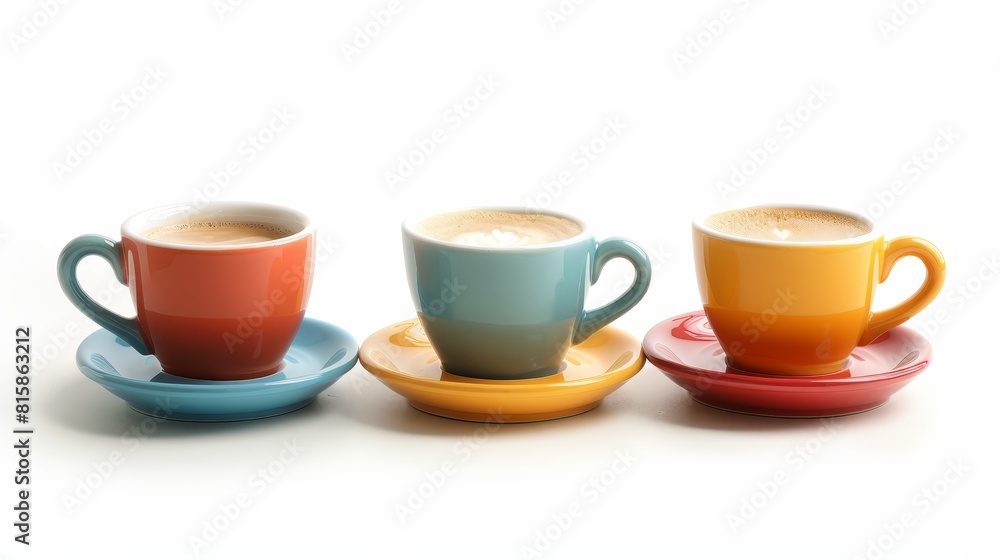 Display a trio of espresso cups, selective focus, vibrant, Silhouette, isolated on a white background, focusing on the delicate crema on top of each cup Display a trio of espresso cups, selective focus, vibrant, Silhouette, isolated on a white background, focusing on the delicate crema on top of each cup