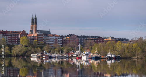 Photography Panorama view at the calm bay Riddarfjärden, the districts Södermalm and island