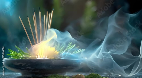 Capturing the Beauty of Incense Sticks: High-Quality Photo on Black Stone Table with Black Background. Concept Incense Sticks, Photography, High Quality, Black Stone Table, Black Background photo
