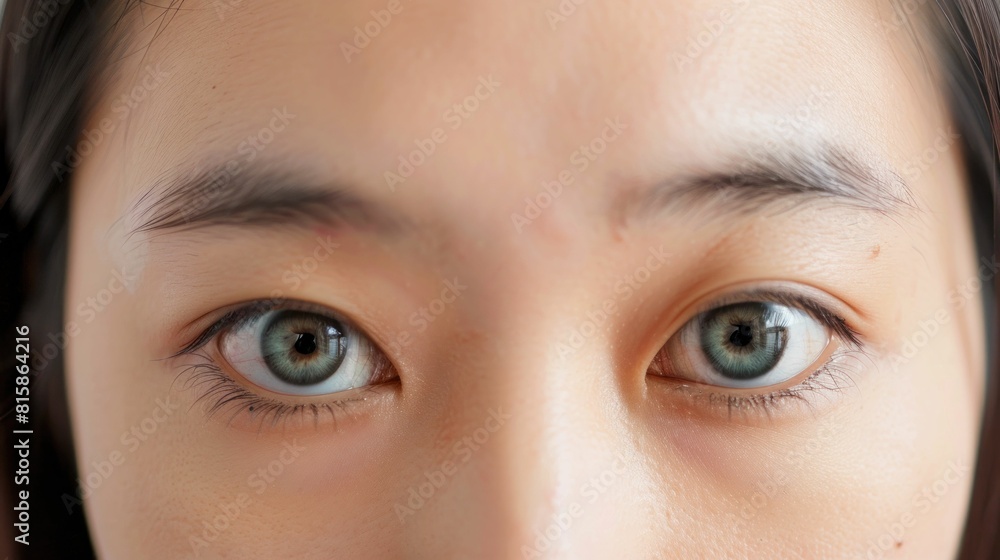 Close up portrait of young Asian woman with striking green eyes and long flowing hair on white background Close up portrait of young Asian woman with striking green eyes and long flowing hair on white background