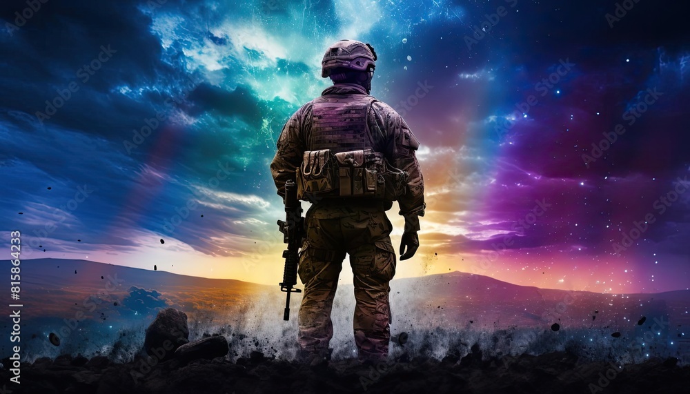 A soldier in combat gear amidst a desolate battlefield A soldier in combat gear amidst a desolate battlefield