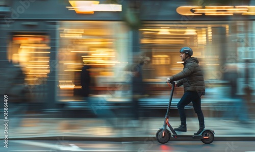 side view of man riding electric scooter in busy street. blurred moving background. eco lifestyle sustainable photo concept.