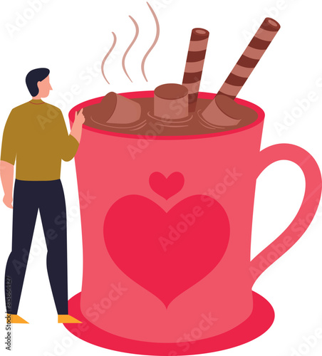 Boy drinking hot chocolate coffee.